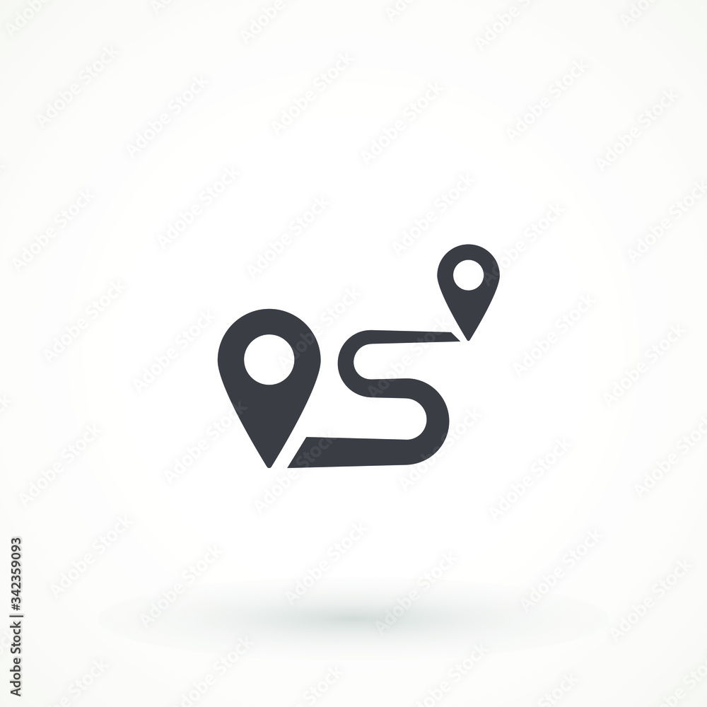 Navigation vector icon. GPS navigation . Distance Travelling Roadway Route location icon, two map pin sign and road or path, start and end journey symbol isolated on white Navigation vector icon. GPS navigation . Distance Travelling Roadway Route location icon, two map pin sign and road or path, start and end journey symbol isolated on white