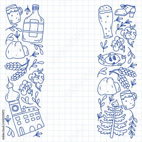 Vector pattern with symbols of Czech Republic. Set with tourism icons and landscapes elements. Travel to country. City, cathedral, building, European architecture. Illustration with landmarks