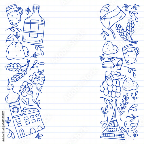 Vector pattern with symbols of Czech Republic. Set with tourism icons and landscapes elements. Travel to country. City, cathedral, building, European architecture. Illustration with landmarks