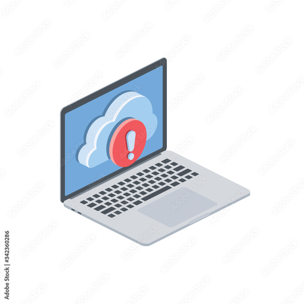 Laptop cloud mark exclamation point. Vector 3d isometric, color web icon, new flat style. Creative illustration design, isolated graphic idea for infographics. Laptop cloud mark exclamation point. Vector 3d isometric, color web icon, new flat style. Creative illustration design, isolated graphic idea for infographics.
