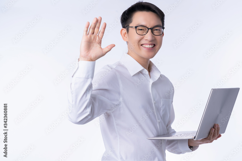 business communication ideas concept with asian attractive male white shirt hand hold laptop smile and happiness hand gesture pose joyful moment business communication ideas concept with asian attractive male white shirt hand hold laptop smile and happiness hand gesture pose joyful moment