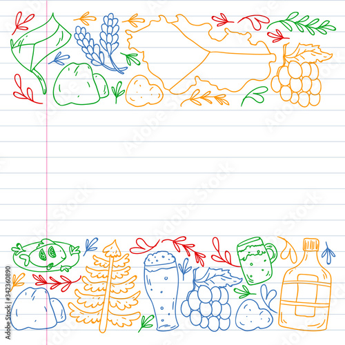 Vector pattern with symbols of Czech Republic. Set with tourism icons and landscapes elements. Travel to country. City, cathedral, building, European architecture. Illustration with landmarks