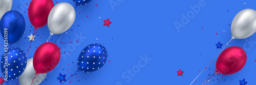 Glossy balloons in colors of American flag with confetti. Background for 4th of July Independence day or national holidays of America. Copy space, vector.
