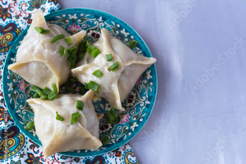 manti in a plate with a national pattern, Uzbek dishes, oriental cuisine