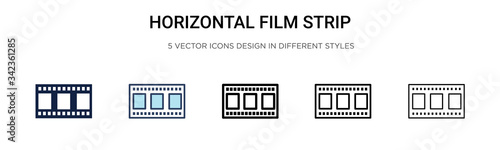 Horizontal film strip icon in filled, thin line, outline and stroke style. Vector illustration of two colored and black horizontal film strip vector icons designs can be used for mobile, ui, web