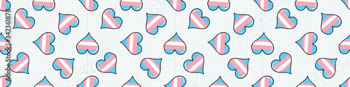 Cute transgender heart cartoon seamless vector border. Hand drawn isolated pride flag for LGBTQ blog. Gay love on stripe background all over print. Gender community tolerance tile.