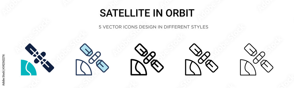 Satellite in orbit icon in filled, thin line, outline and stroke style. Vector illustration of two colored and black satellite in orbit vector icons designs can be used for mobile, ui, web