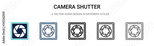 Camera shutter icon in filled, thin line, outline and stroke style. Vector illustration of two colored and black camera shutter vector icons designs can be used for mobile, ui, web