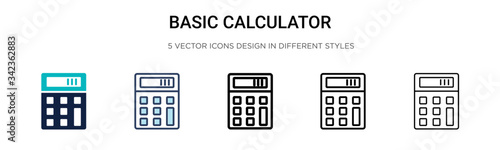 Basic calculator icon in filled, thin line, outline and stroke style. Vector illustration of two colored and black basic calculator vector icons designs can be used for mobile, ui, web