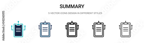 Summary icon in filled, thin line, outline and stroke style. Vector illustration of two colored and black summary vector icons designs can be used for mobile, ui, web