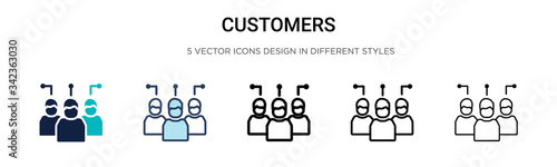 Customers icon in filled, thin line, outline and stroke style. Vector illustration of two colored and black customers vector icons designs can be used for mobile, ui, web