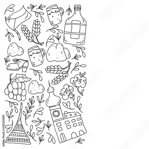 Vector pattern with symbols of Czech Republic. Set with tourism icons and landscapes elements. Travel to country. City, cathedral, building, European architecture. Illustration with landmarks