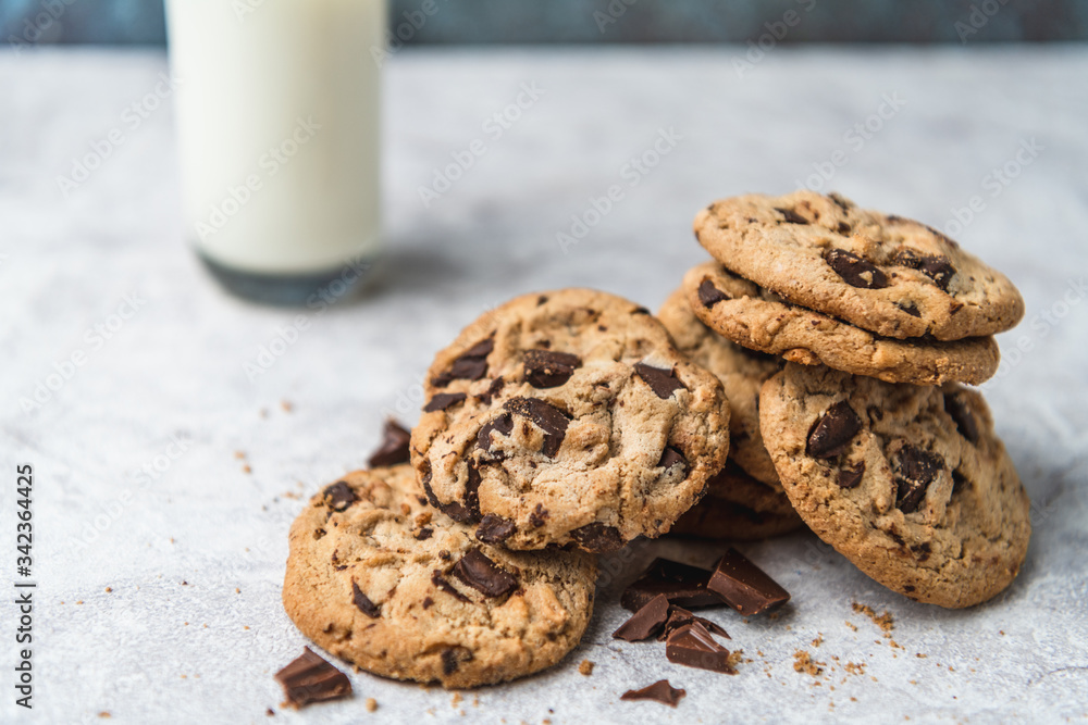 Homemade chocolate chip cookies on the table with glass of milk. Homemade chocolate chip cookies on the table with glass of milk.