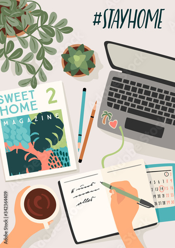 Stay at home. Woman writes in a diary, works at home. Vector illustration.