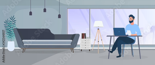 The guy works on a laptop in a stylish office. Study, computer, sofa, wardrobe, bookcase with books, paintings on the wall. Work at home. Vector.