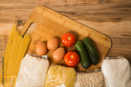 cereals and vegetables are in the kitchen. essential products, charity and helping people in difficult situations