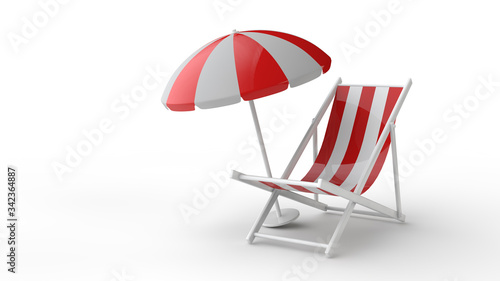 Sun loungers and beach umbrella isolated on white. 3d illustration. Tourism concept