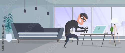 Thief in the house. A robber steals data from a laptop. Security concept. Thief man steals an apartment. Robbery at home. Flat style vector illustration.