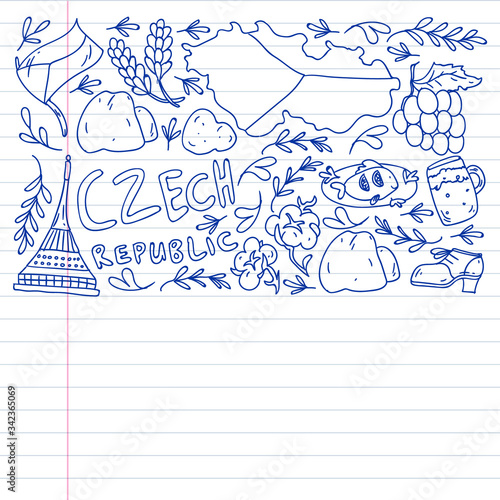 Vector pattern with symbols of Czech Republic. Set with tourism icons and landscapes elements. Travel to country. City, cathedral, building, European architecture. Illustration with landmarks