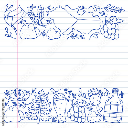 Vector pattern with symbols of Czech Republic. Set with tourism icons and landscapes elements. Travel to country. City, cathedral, building, European architecture. Illustration with landmarks