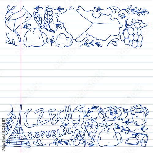 Vector pattern with symbols of Czech Republic. Set with tourism icons and landscapes elements. Travel to country. City, cathedral, building, European architecture. Illustration with landmarks