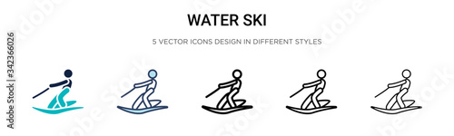 Water ski icon in filled, thin line, outline and stroke style. Vector illustration of two colored and black water ski vector icons designs can be used for mobile, ui, web
