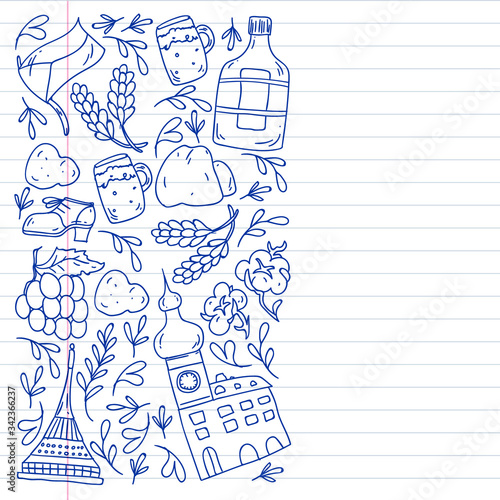 Vector pattern with symbols of Czech Republic. Set with tourism icons and landscapes elements. Travel to country. City, cathedral, building, European architecture. Illustration with landmarks