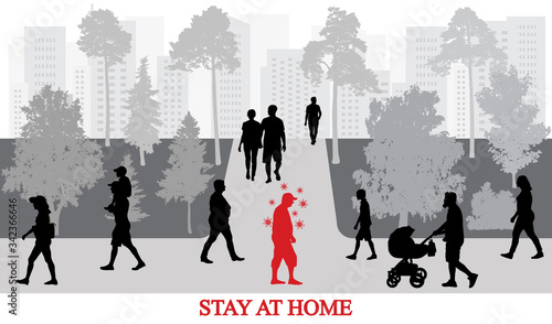 Coronavirus (COVID-19) preventive measures, stay at home. Infected people by coronavirus walking among healthy people in park. Vector illustration.