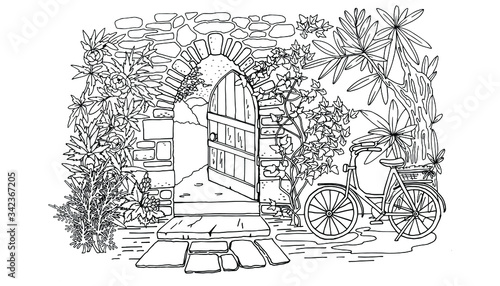 coloring, door to the garden, black and white, vector