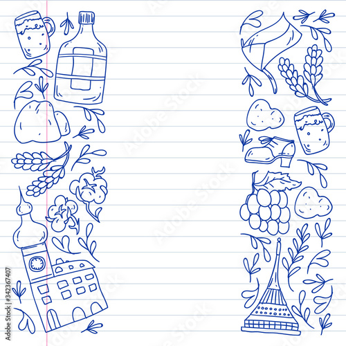 Vector pattern with symbols of Czech Republic. Set with tourism icons and landscapes elements. Travel to country. City, cathedral, building, European architecture. Illustration with landmarks