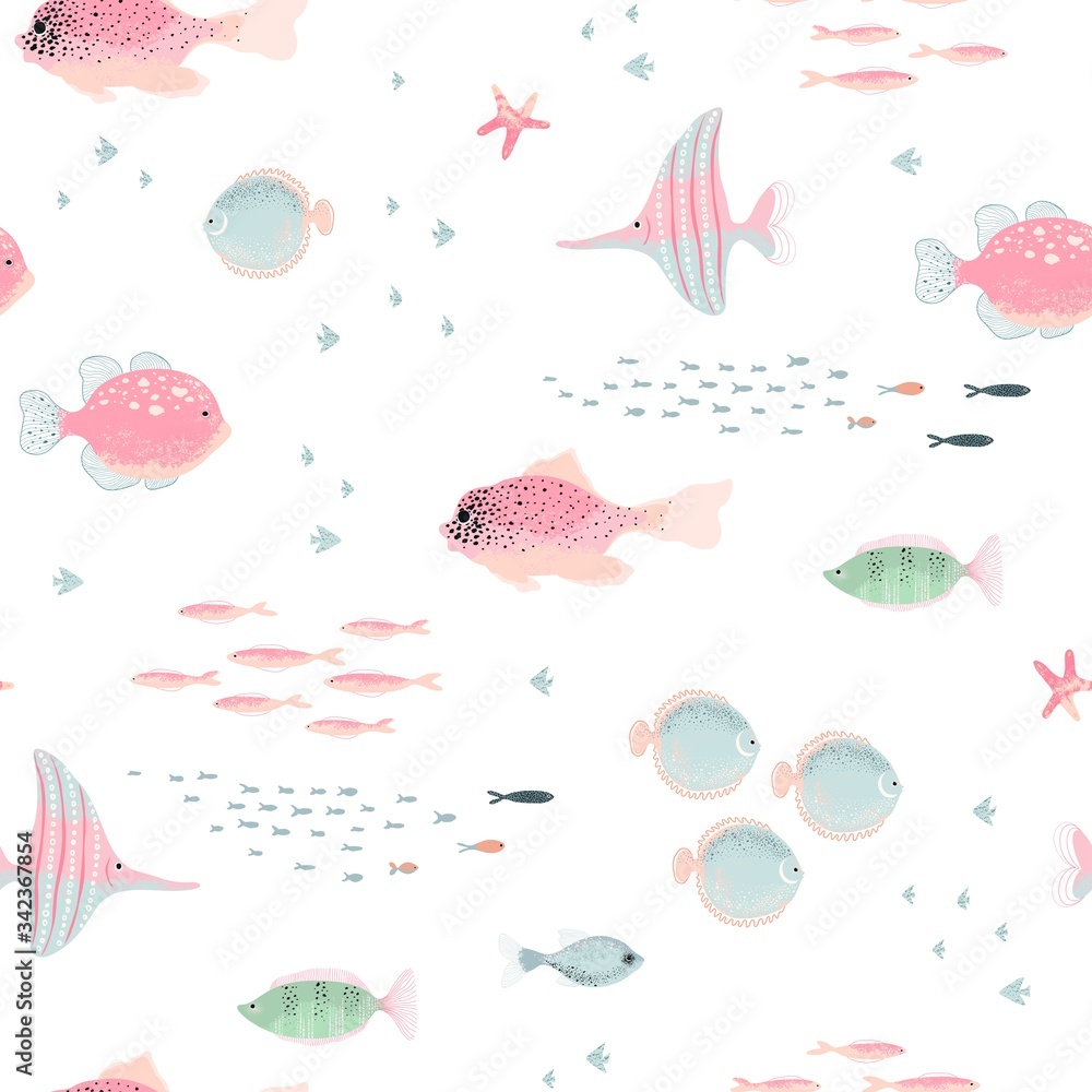 Cute fish and starfish with texture, seamless animal pattern. Vector abstract illustration pink, turquoise and green colors on white background. Cute fish and starfish with texture, seamless animal pattern. Vector abstract illustration pink, turquoise and green colors on white background.