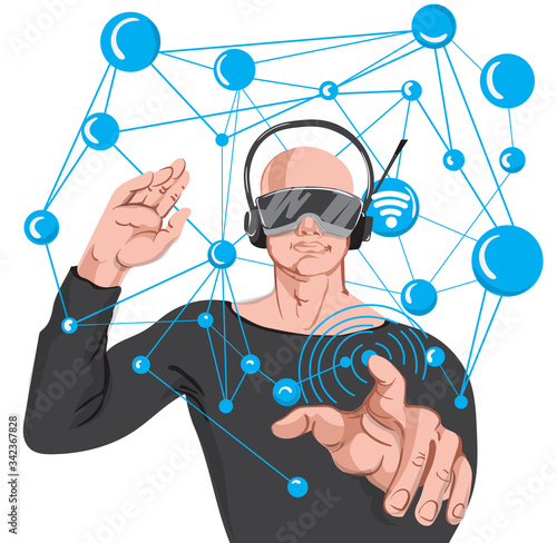 Man using advance technology VR glasses. Cartoon bald man in black sunglasses and headphones making wireless internet connections