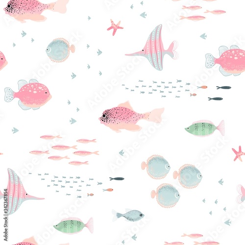 Cute fish and starfish with texture, seamless animal pattern. Vector abstract illustration pink, turquoise and green colors on white background.