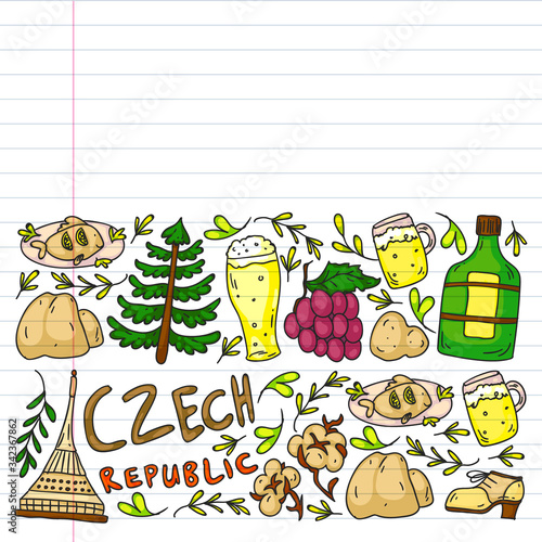 Vector pattern with symbols of Czech Republic. Set with tourism icons and landscapes elements. Travel to country. City, cathedral, building, European architecture. Illustration with landmarks