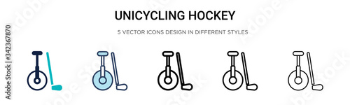 Unicycling hockey icon in filled, thin line, outline and stroke style. Vector illustration of two colored and black unicycling hockey vector icons designs can be used for mobile, ui, web