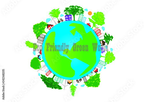 Green earth with save world concept. Eco friendly village illustration 