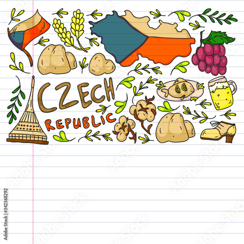 Vector pattern with symbols of Czech Republic. Set with tourism icons and landscapes elements. Travel to country. City, cathedral, building, European architecture. Illustration with landmarks