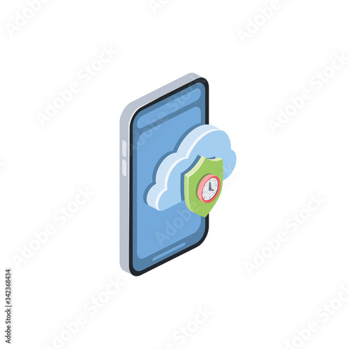Smartphone cloud shield security time clock. Vector 3d isometric, color web icon, new flat style. Creative illustration design, isolated graphic idea for infographics.
