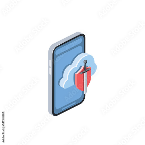 Cloud server shield safe steel sword. Vector 3d isometric, color web icon, new flat style. Creative illustration design, isolated graphic idea for infographics.