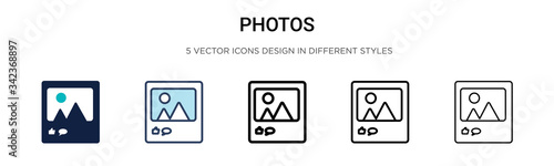 Photos icon in filled, thin line, outline and stroke style. Vector illustration of two colored and black photos vector icons designs can be used for mobile, ui, web