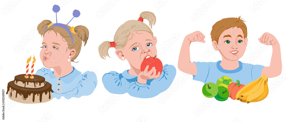 Set of cartoon kids eating fruits, vegetables and cake Set of cartoon kids eating fruits, vegetables and cake