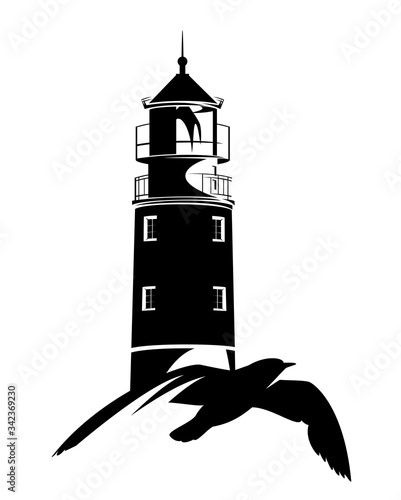 flying sea gull and lighthouse tower black and white vector outline for sea voyage concept