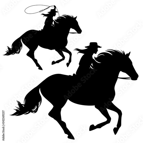 cowgirl riding running horse and throwing lasso black and white vector silhouette set