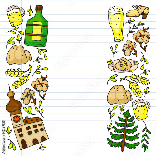 Vector pattern with symbols of Czech Republic. Set with tourism icons and landscapes elements. Travel to country. City, cathedral, building, European architecture. Illustration with landmarks