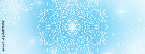 Circular Flower Mandala with soft blue sky background, Vector mandala Oriental pattern, Hand drawn decorative element. Unique design with petal flower. Concept relax and meditation use for page logo 
