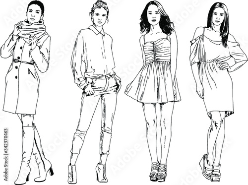 vector drawings on the theme of beautiful slim sporty girl in casual clothes in various poses painted ink hand sketch with no background © evgo1977