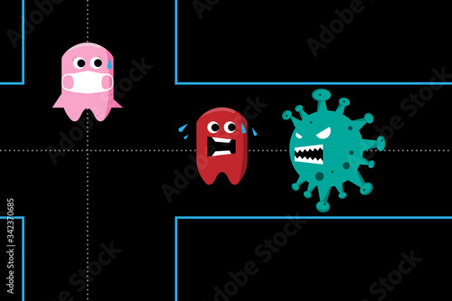 People run away from (COVID-19) Corona virus pathogen disease outbreak, risk or danger in Virus crisis concept. Arcade retro game icon design.