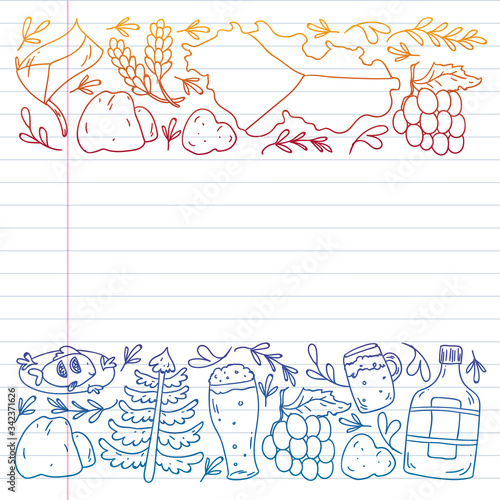 Vector pattern with symbols of Czech Republic. Set with tourism icons and landscapes elements. Travel to country. City, cathedral, building, European architecture. Illustration with landmarks