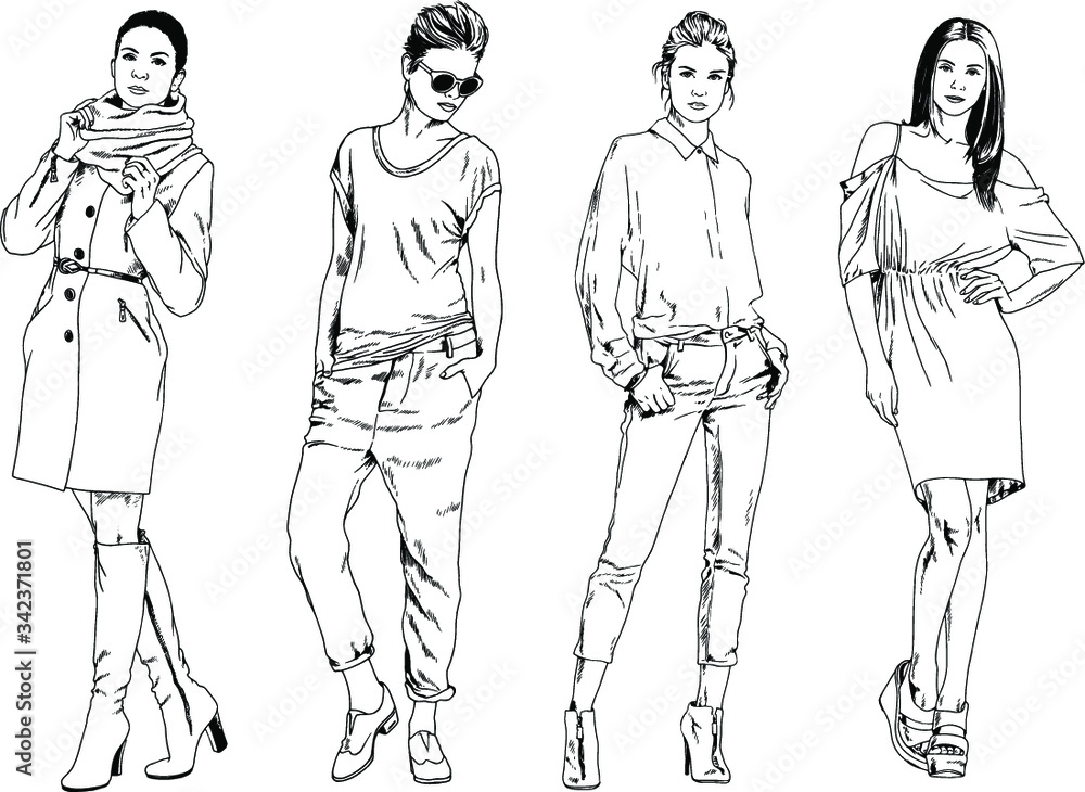 beautiful slim girl in casual clothes, drawn in ink by hand on a white background