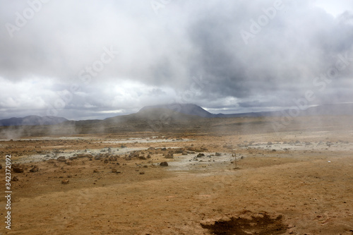 Hverir / Iceland - August 30, 2017: Hverir geothermal and sulfur area near Namafjall mountain, Myvatn Lake area, Iceland, Europe
